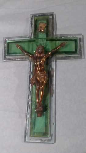 Crucifijo De Vidrio Espejado Con Cristo De Bronce  