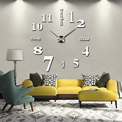  Reloj 3d Gigante 120cm Plateado Pared Decor Espejo