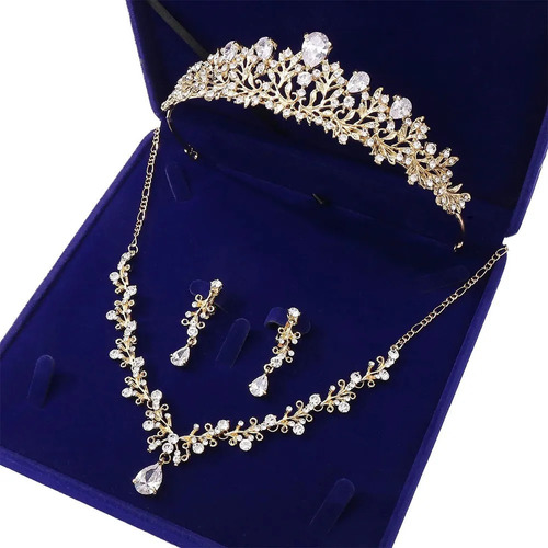 Tiara Corona Tocado Novia  Xv Set Collar Aretes Dorado E001