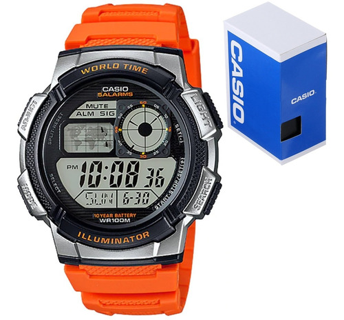 Reloj Casio Ae1000 Naranja Mapa Mundial 5 Alarmas Crono Luz