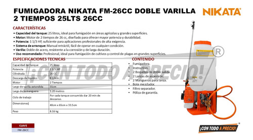Fumigadora 2 Tiempos Nikata Fm-26cc Doble Varilla 25 Litros