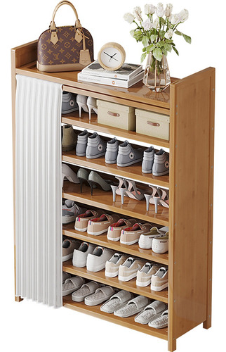 Zapatera Moderna Madera 7capas Entrada Con Cortina 70cm Marrón