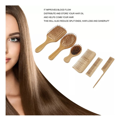 Kit De Escova E Pente De Bambu Antifrizz, 6 Peças