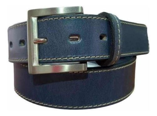 Cinturón Azul 100% Cuero Costura Beige 