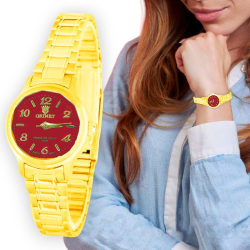 Relógio Feminino Orinet Original Prova D Agua Executiva Cor da correia Dourado com Vermelho