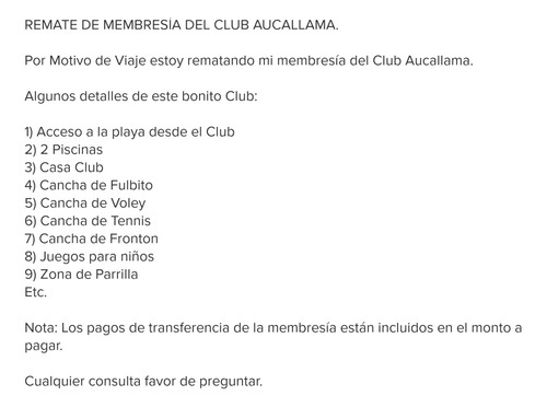 Vendo Membresia Club Aucallama