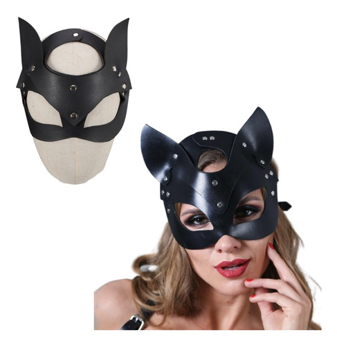 Máscara Mulher Gato Couro Fantasia Preta Halloween Cosplay
