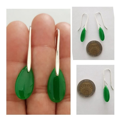 Aros Gota Jade Verde Natural Gancho Plata 925 Sellada