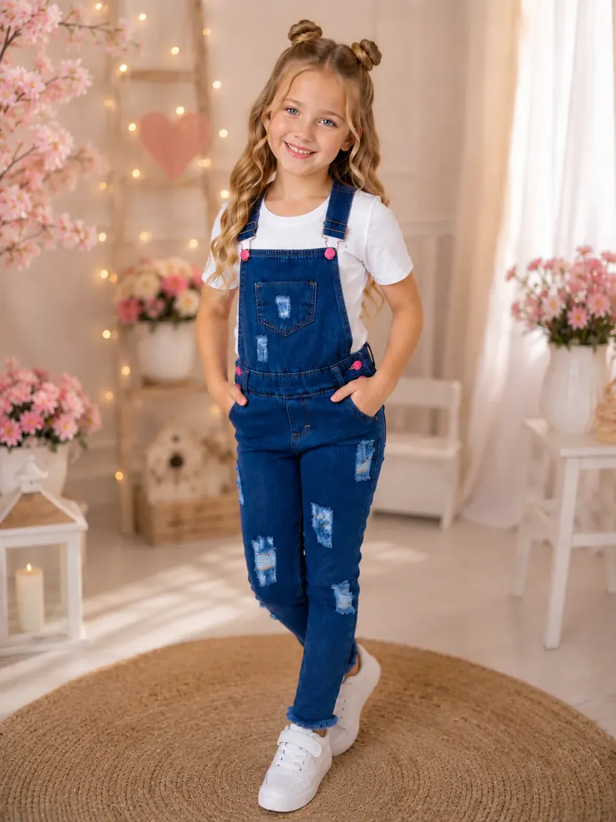 Salopete Jeans Destroyed Infantil (Menina)