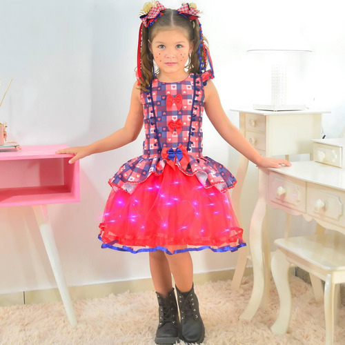 Vestido Festa Junina Xadrez Tule Vermelho Com Led + 2 Laço