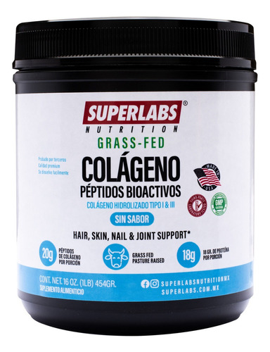 Superlabs Skin Hair Colageno Hidrolizado Grass Fed 454g Sabor Sin Sabor