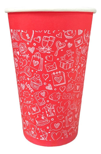 Vaso De Papel Encerado Color Rojo 16oz - San Valentin 50 Pz