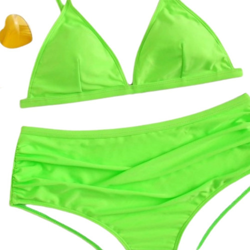 Set De Bikini Top Triángulo Verde Neón Con Fruncido - Grande