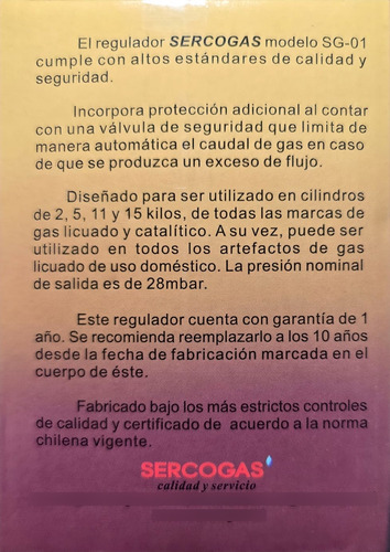 Regulador Gas Cilindros 2-5-11-15kg Certificado Sec