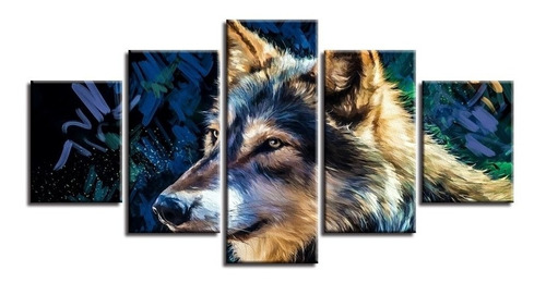 Quadro Mosaico 5 Peças Lobo Realismo Natureza Animais