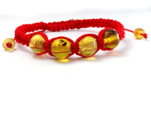 Pulsera Hilo Seda Rojo Con 4 Esferas De Ambar Para Niños