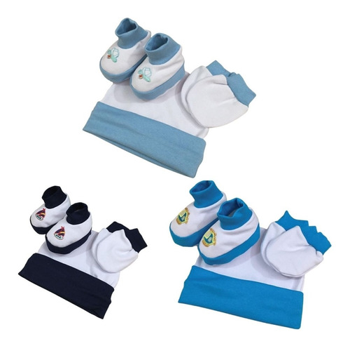 Imagem 1 de 6 de Kit Sapato Luva E Touca Bebê Bordado Para Menino 3 Kit Azul