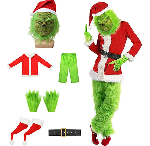 Traje De Santa Traje De Cosplay Grinch Con Máscara, 7 Piezas