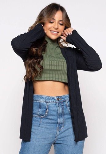 Imagem 2 de 10 de Casaquinho Canelado Moda Feminina Inverno Aberto Malha