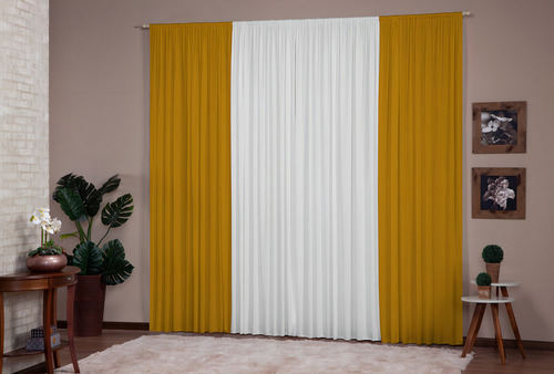 Cortina Versátil 4,00x2,80 Para Sala Ou Quarto Cor Mostarda/branco