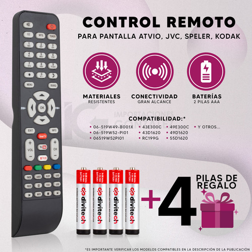 Compatible Con Pantalla Jvc Lk2019 Si32hs Smart Tv Atvio Tcl Lcd 6-519w49-ty04x Speler 55e4900fs Hkpro Netflix 06-519w49-c005x + 4 Pilas Divitech® Aaa MLM33303649 Controles remotos para TV