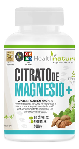 Citrato Magnesio Premium 500mg, 90 Cápsulas Health Natural