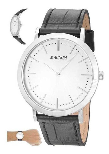 Relógio Magnum Masculino Slim Social Ma21875q Prata Couro Cor da correia Preto Cor do fundo Prateado