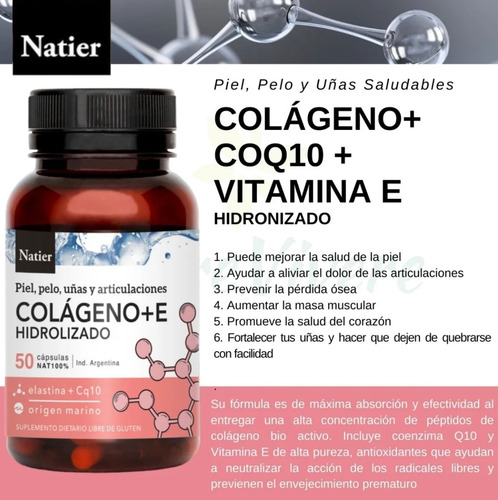 Imagen 2 de 6 de Natier Colágeno + Vitamina E Con Coenzima Q10 50 Cápsulas