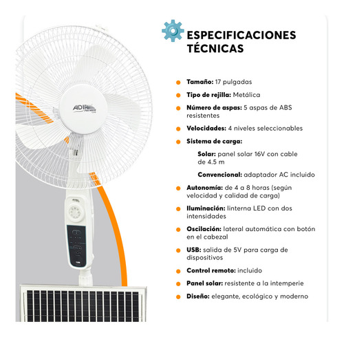 Ventilador Solar Recargable 17pul Con Luz Y Control Adir Blanco