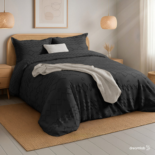 Juego de Funda Para Edredon Duvet con Textura Dreamlab, Tamaño Queen, Color Negro