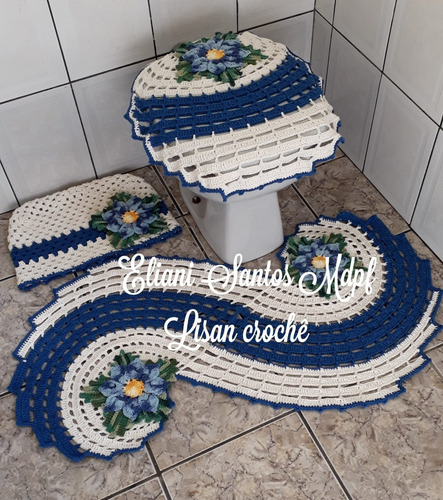 Jogo De Banheiro Em Crochê Espiral Cru Flor Azul
