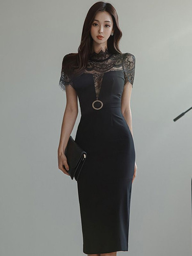 Elegante Vestido Ajustado Con Cintura De Encaje Para Mujer