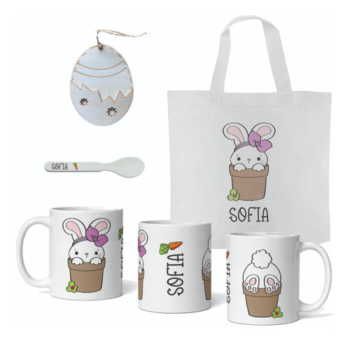 Set Pascua Taza Ceramica+bolsa+adorno+cuchara Personalizado 