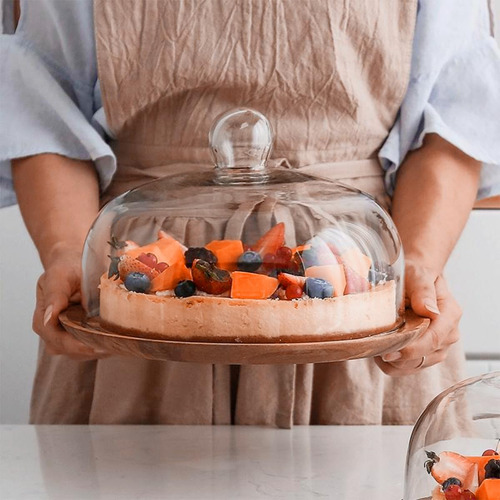Cloche De Cristal Con Base De Madera De 20 Cm Para Postres Y