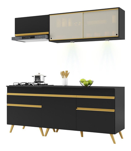 Armário Cozinha Compacta 190cm Veneza Up Multimóveis V2031 Cor Preto/dourado