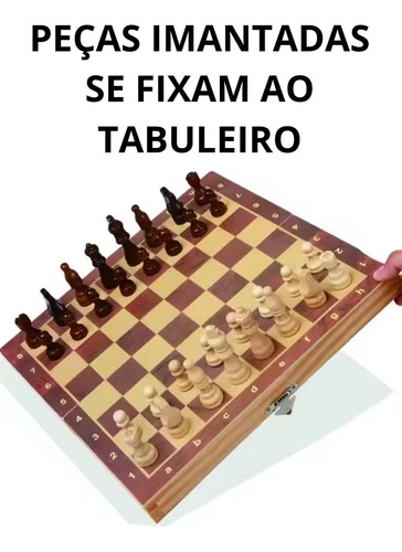 Tabuleiro Imantado Madeira 3 Em 1 Xadrez Damas Gamão