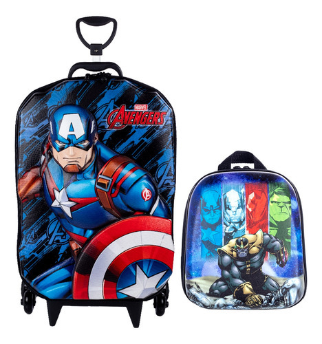 Mochila Capitão America 3d De Rodinhas  Lancheira Azul