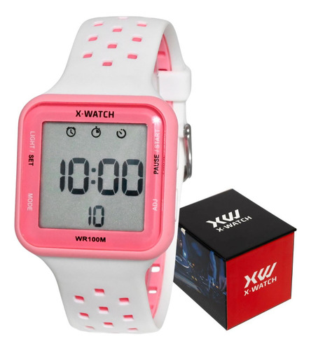 Relógio De Pulso Digital X Watch X-watch Com Corria De Silicone Cor Branco - Fondo Cinza - Bisel Rosa