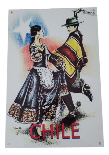 Cartel Metal Adorno Baile Cueca Chilena, 20 X 30 Cm Chile 