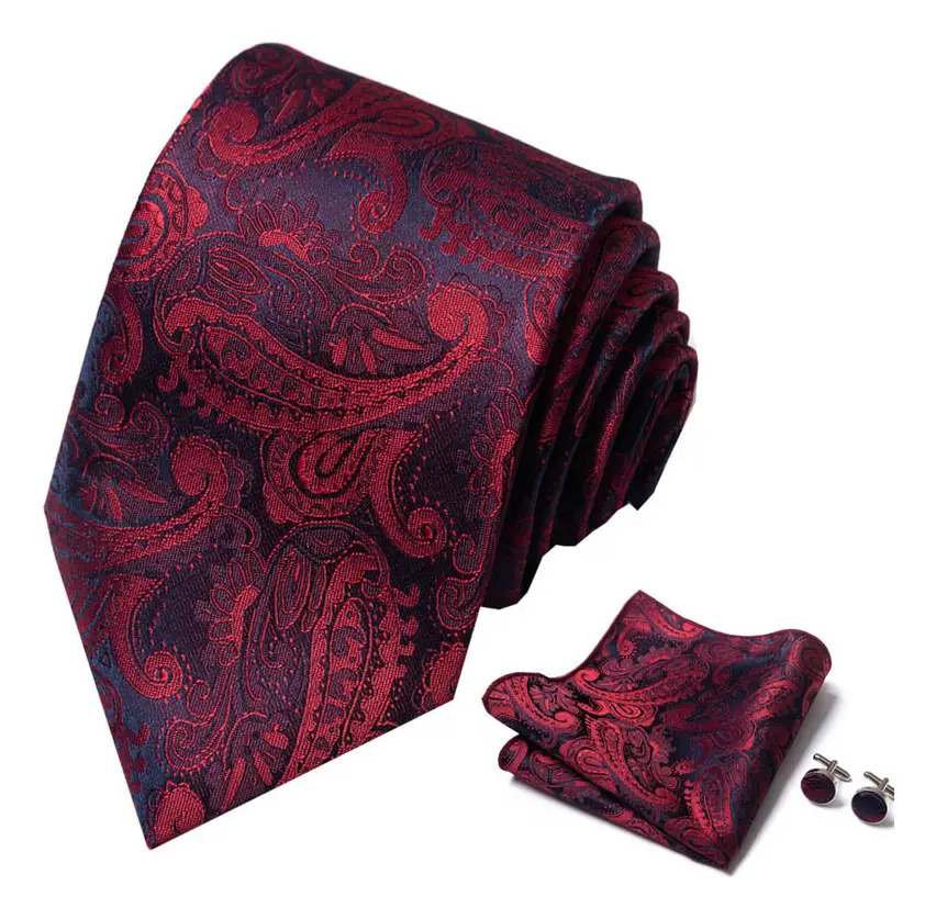 Corbata Hombre+pañuelo+mancuernillas, Corbatas Bodas Festiva Color Bordó Diseño De La Tela Floreado Largo 1.46 M