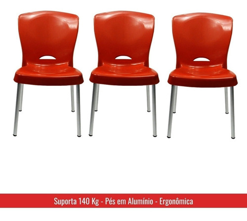 3 Cadeiras Lola Plástico Com Pés De Alumínio Cor da estrutura da cadeira Vermelho