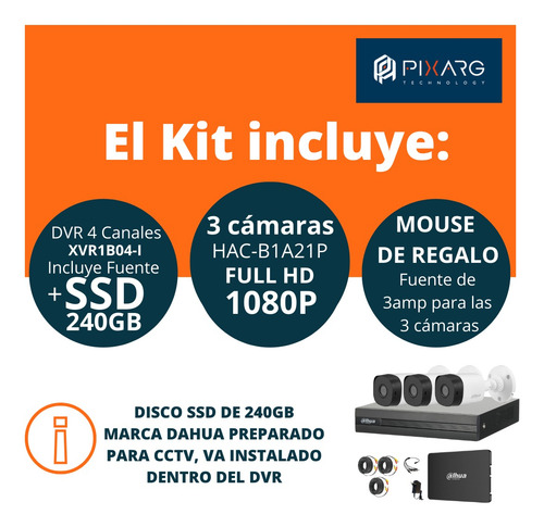 Kit Seguridad Dahua Full Hd Dvr 4ch + 3 Cámaras + Ssd 240gb