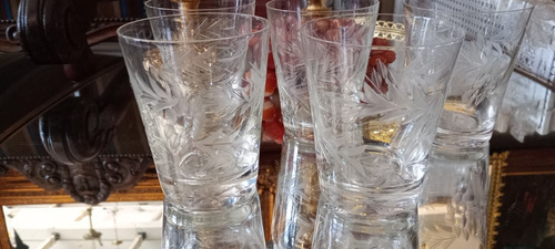 Antiguos Vasos Cristal Grabado Al Acido 5unid Impecable N213