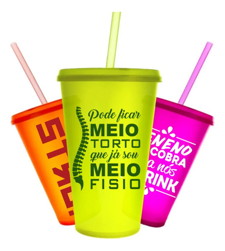 100 Copos Neon Personalizados 430ml Com Tampa E Canudo 