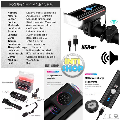 Imagen 4 de 7 de Luces Para Bicicleta Con Bocina Timbre Recargable