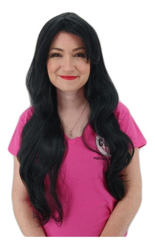 Peruca Lace Wig Ondulada C/ Franja Preta 70cm Fibra Orgânica