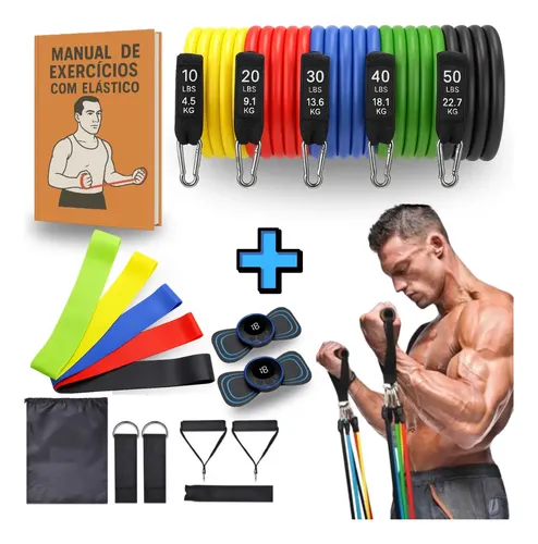 Kit 18 Itens Treino Em Casa Academia Fisioterapia Extensor Faixa Elástica, Massageador E Manual De Exercício