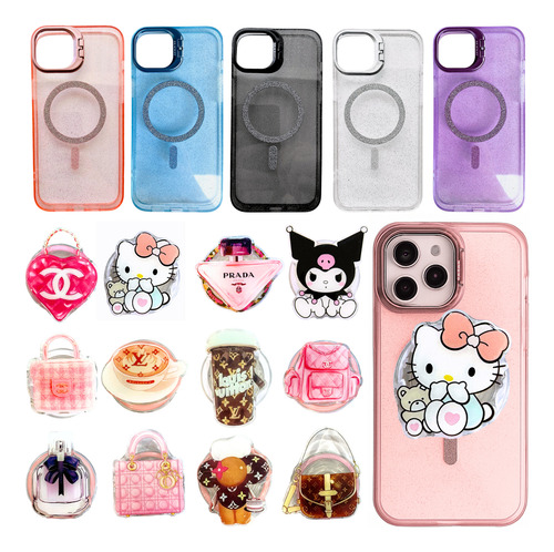 Soporte + Funda Celular Magsafe Glitter Combo P/ Ip 14 Y 15 Rosa Dior Bolso