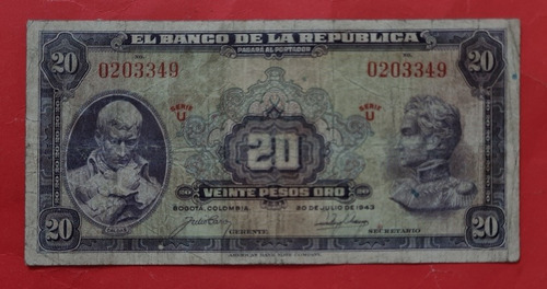 Billete Veinte Pesos 1943 Primera Fecha.