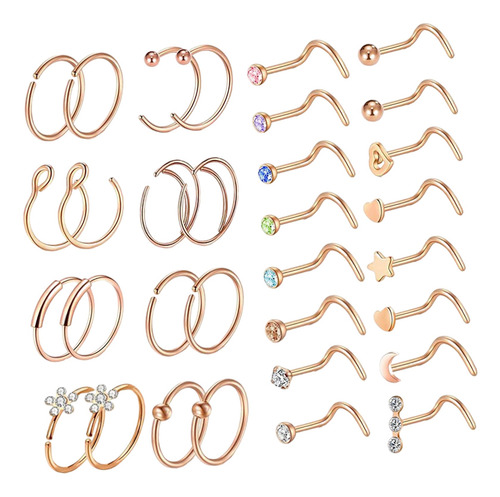 Anillos Nasales De 20 G Para Mujer, 32 Unidades
